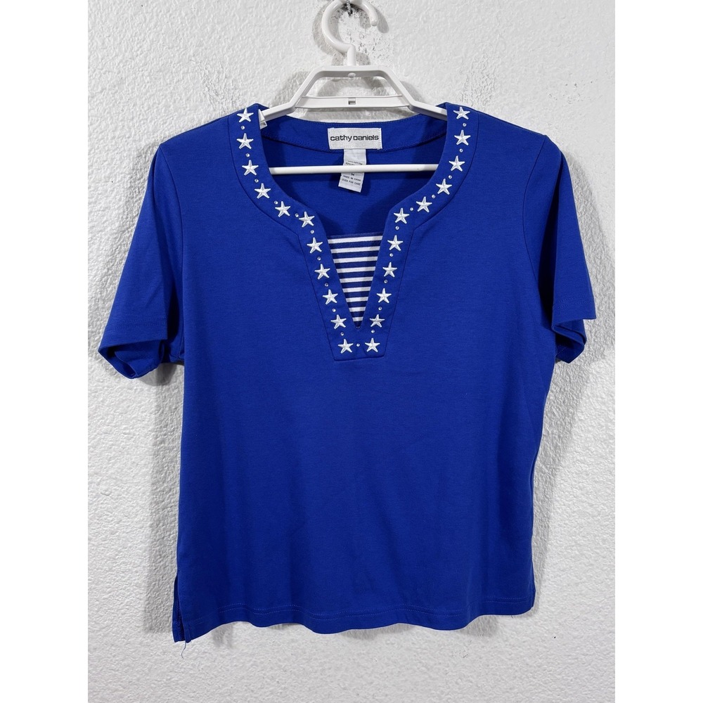 Vintage Cathy Daniels Shirt Womens M Blue Star Sailor Nautical V Neck Tee Y2K